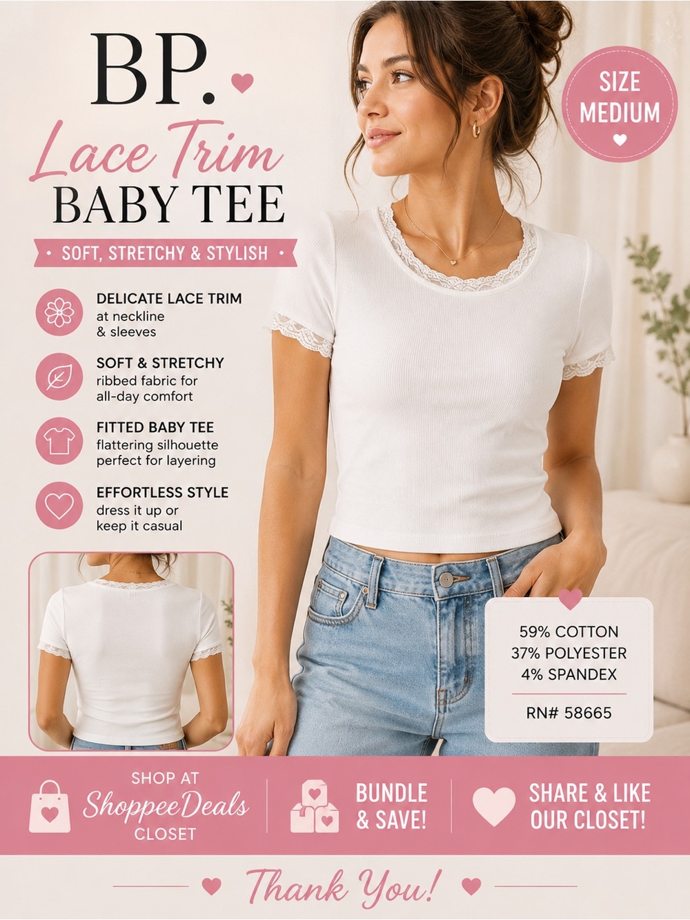BP. White Ribbed Lace Trim Baby Tee | Size Medium